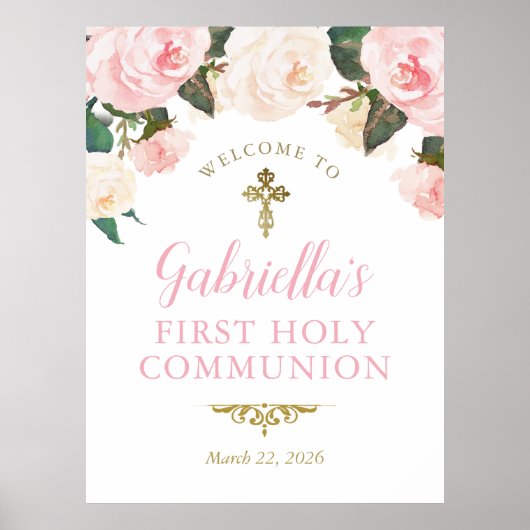 First Communion & Baptism, Pink Floral Gold ポスター (正面)