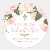 First Communion & Baptism, Pink Floral Gold ラウンドシール (正面)