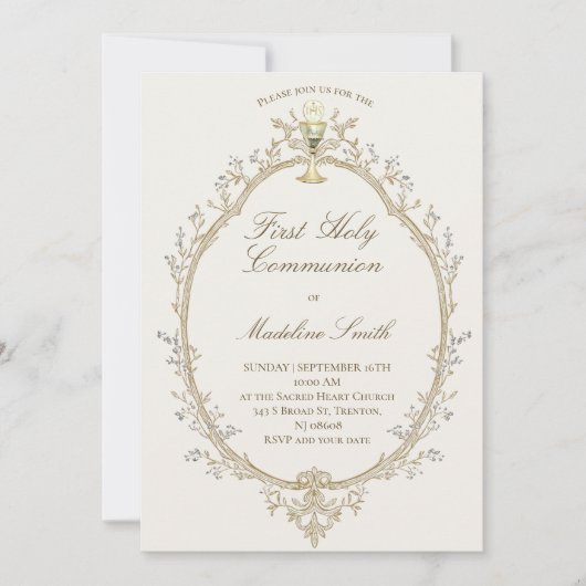 first communion beige frame 招待状 (正面)