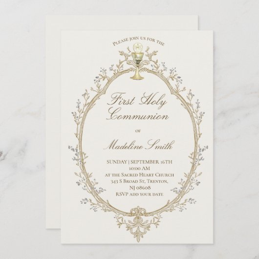 first communion beige frame 招待状 (正面/裏面)