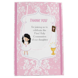 First Communion Black Hair Girl Thank You ミディアムペーパーバッグ