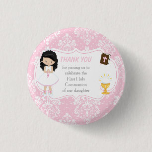 First Communion Black Hair Girl Thank You 缶バッジ