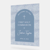 First Communion Blue Arch Floral Pattern Welcome アクリルサイン (傾斜)