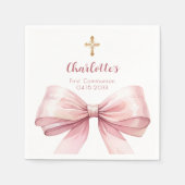 First Communion blush pink bow cross girl スタンダードカクテルナプキン (正面)