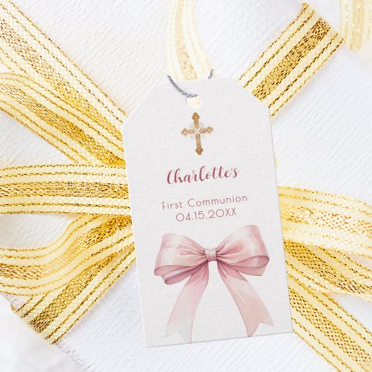 First Communion blush pink bow cross girl DIY ギフトタグ