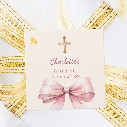 First Communion blush pink bow ivory cross DIY フェイバータグ