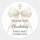 First Communion bow ivory pearls cross thank you ラウンドシール (正面)