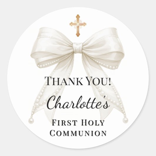 First Communion bow ivory pearls cross thank you ラウンドシール (正面)