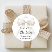 First Communion bow ivory pearls cross thank you ラウンドシール