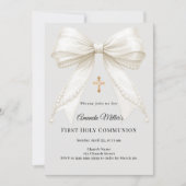 First Communion bow ivory pearls girl gray 招待状 (正面)