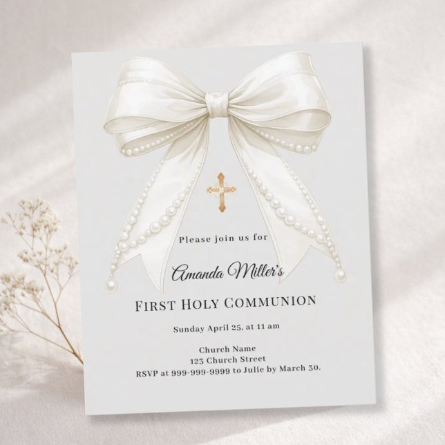 First Communion bow ivory pearls gray invitation (クリエイターアップロード済み)