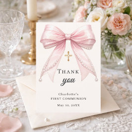 First Communion bow pink ivory pearls gold cross サンキューカード
