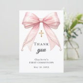 First Communion bow pink pearls gold cross サンキューカード (スタンド正面)