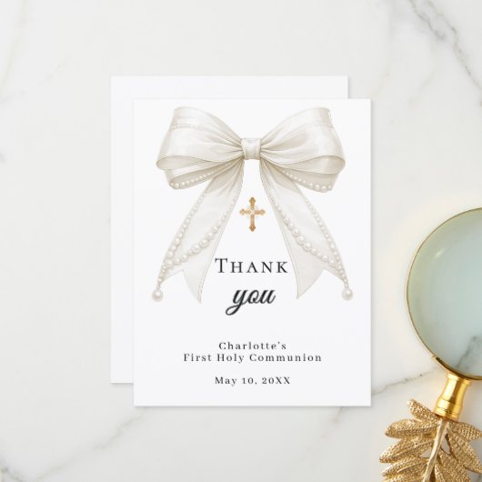First Communion bow white ivory pearls サンキューカード (正面/裏面インサイチュ)