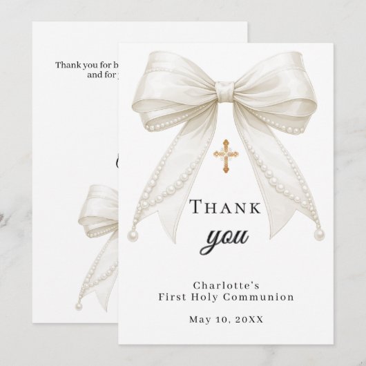 First Communion bow white ivory pearls サンキューカード (正面/裏面)