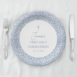 First Communion Boy Blue and White Floral Pattern ペーパープレート