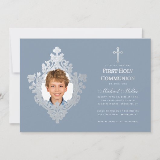 First Communion Boy Photo Dusty Blue フェイク Silver 招待状 (正面)
