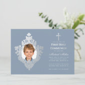 First Communion Boy Photo Dusty Blue フェイク Silver 招待状 (スタンド正面)