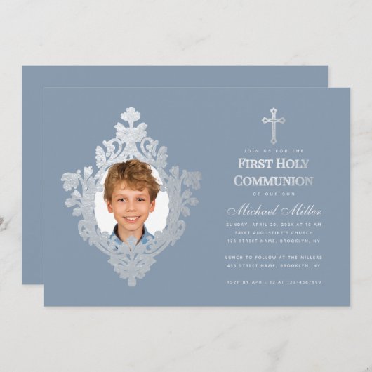 First Communion Boy Photo Dusty Blue フェイク Silver 招待状 (正面/裏面)