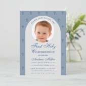 First Communion Boy Photo Dusty Blue モダン Arch 招待状 (スタンド正面)