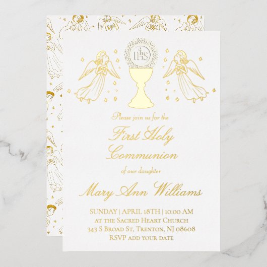 First Communion catholic girl golden angels design 箔招待状 (正面/裏面)