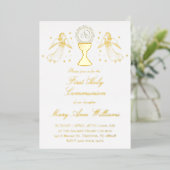 First Communion catholic girl golden angels design 箔招待状 (立ち正面)