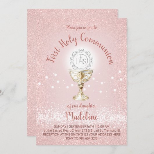 First Communion Catholic girl pink 招待状 (正面/裏面)