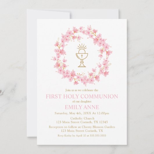 First Communion Cherry Blossom floral Invitation  招待状 (正面)