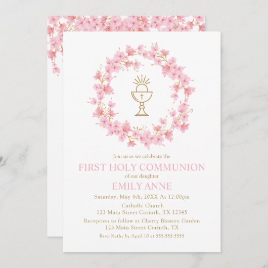 First Communion Cherry Blossom floral Invitation  招待状 (正面/裏面)