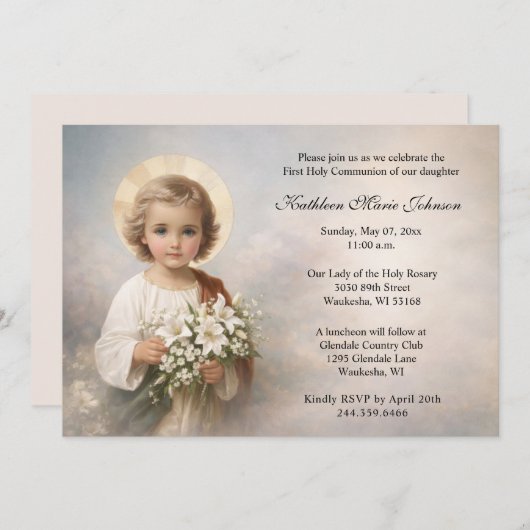 First Communion Child Jesus with Lilies 招待状 (正面/裏面)