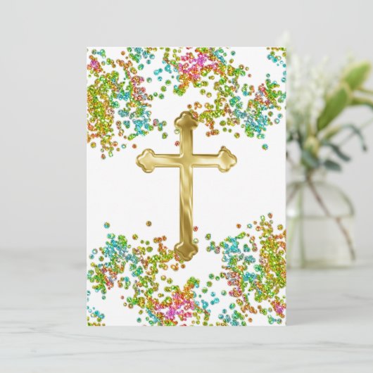 First Communion Colorful Glittery 招待状 (スタンド正面)