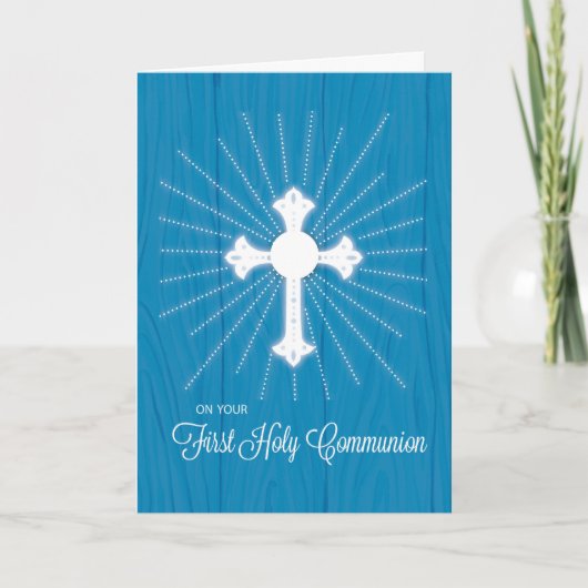 First Communion Cross and Rays on Blue Wood カード (正面)