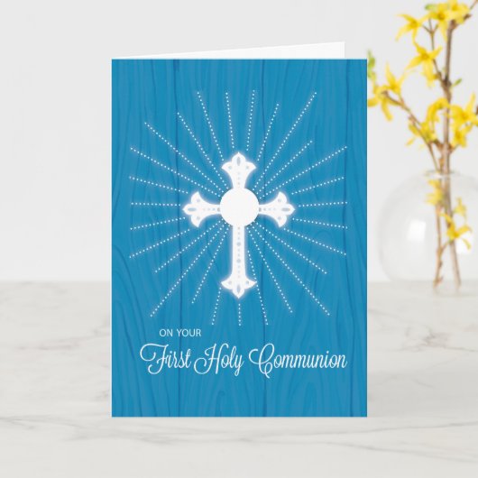 First Communion Cross and Rays on Blue Wood カード (黄色い花)