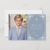 First Communion Dusty Blue Boy写真ヴィンテージクロス サンキューカード (正面)