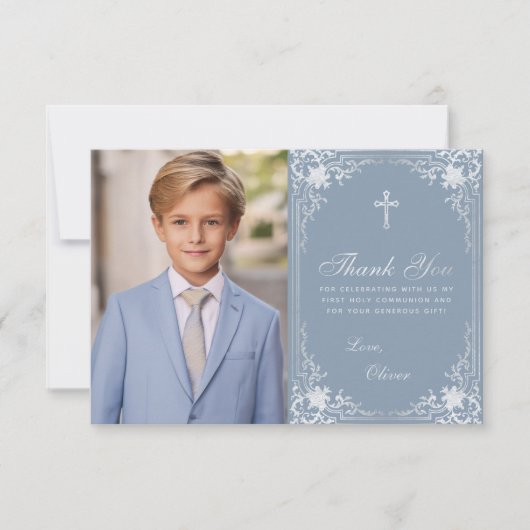 First Communion Dusty Blue Boy写真ヴィンテージクロス サンキューカード (正面)