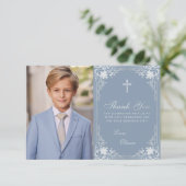 First Communion Dusty Blue Boy写真ヴィンテージクロス サンキューカード (スタンド正面)