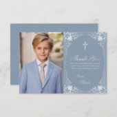 First Communion Dusty Blue Boy写真ヴィンテージクロス サンキューカード (正面/裏面)