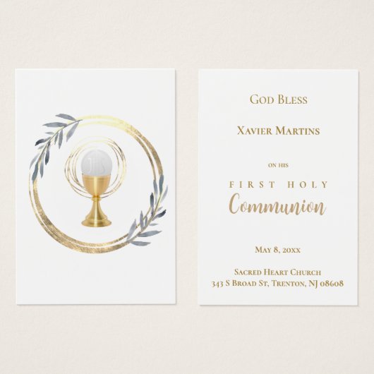 First Communion dusty blue leaves remembrance card (正面&裏面)