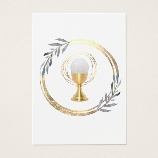 First Communion dusty blue leaves remembrance card (正面)