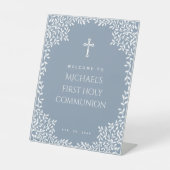 First Communion Dusty Blue White Leaves Welcome 台座サイン (正面)