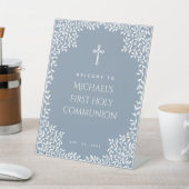 First Communion Dusty Blue White Leaves Welcome 台座サイン (インサイチュ)