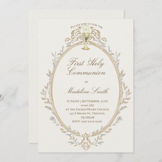 first communion elegant beige frame 招待状 (正面/裏面)