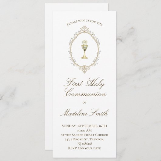 first communion elegant beige frame 招待状 (正面/裏面)