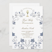 first communion elegant blue frame 招待状 (正面/裏面)