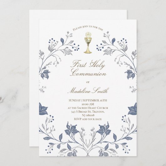 first communion elegant blue frame 招待状 (正面/裏面)