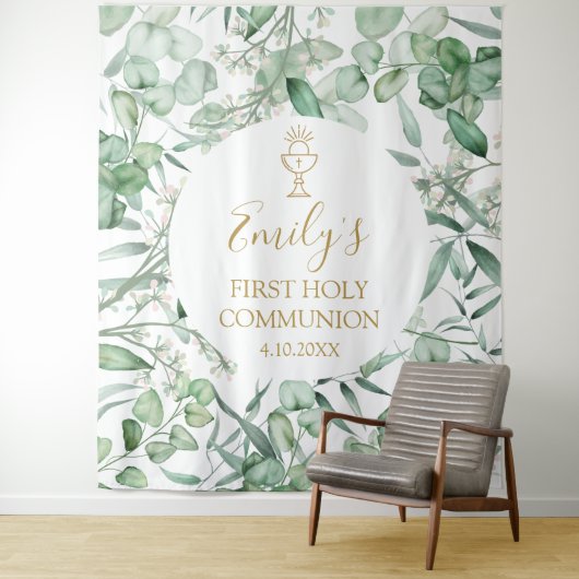 First Communion Eucalyptus greenery backdrop banne タペストリー (インサイチュ)