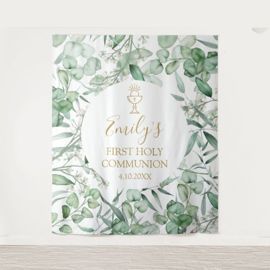 First Communion Eucalyptus greenery backdrop banne タペストリー (正面)