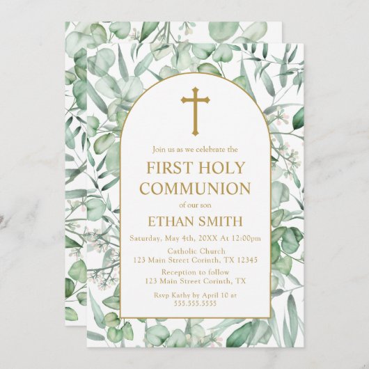 First Communion Eucalyptus leaves Invitation 招待状 (正面/裏面)