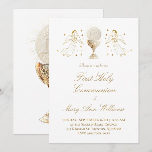 First Communion Eucharist golden angels Invitation 招待状 (正面/裏面)