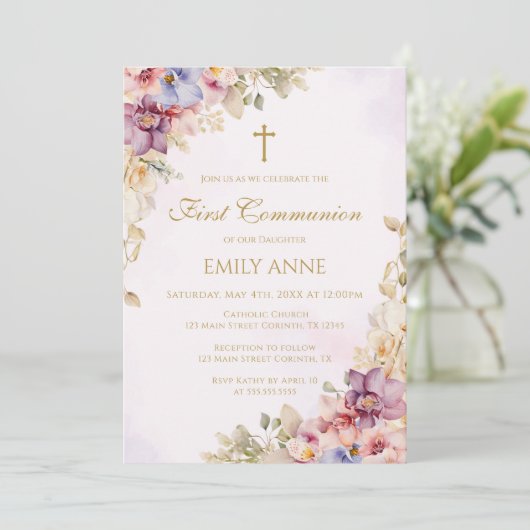 First Communion Floral Orchids Invitation 招待状 (スタンド正面)